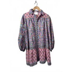 Fancy Ladies Pink Blue Floral Motif Print Shift Style Mini Dress Gold Button Fro